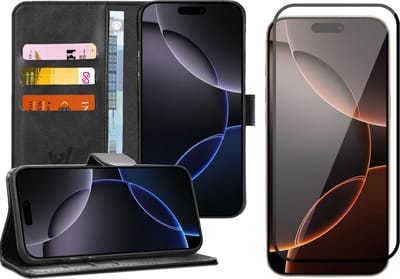 Hoesje geschikt voor iPhone 16 - Screenprotector Volledig Dekkend Glas - Portemonnee Book Case Zwart