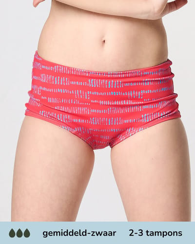 Moodies menstruatie zwemkleding tiener - Boxer bikini broekje - gemidddeld-zwaar kruisje - maat 140/146 (XXS) - Print Rood