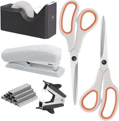 Kantoorbenodigdheden Set, Basisstijl met Schaar, Nietmachine, Nietjes, Nietjesverwijderaar, Tape Dispenser en Tape in Wit en Oranje voor Efficiëntie en Organisatie