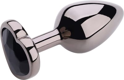 PLGZ - Hartvormige Metalen Buttplug - Zwart Metallic - Zwarte Siersteen - Verkrijgbaar in 3 maten Small