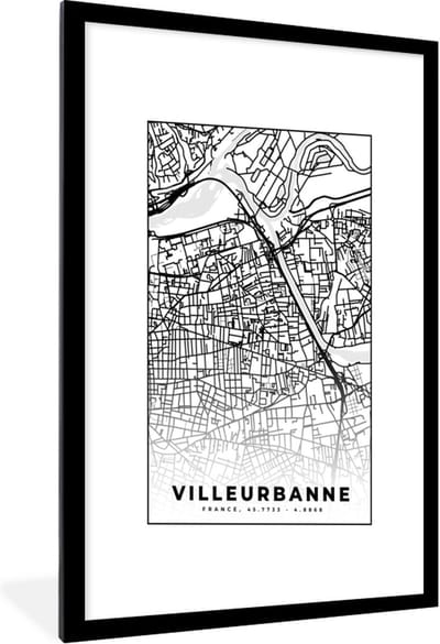 Fotolijst incl. Poster Zwart Wit- Frankrijk - Plattegrond - Villeurbanner - Stadskaart - Kaart - Zwart wit - 60x90 cm - Posterlijst