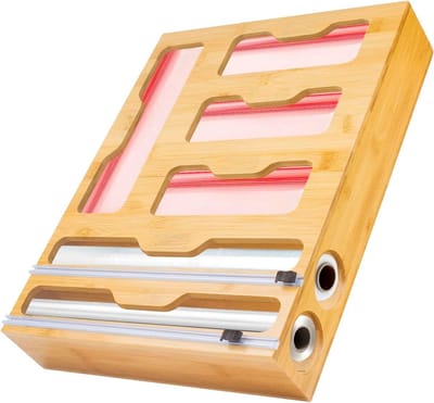 Dailygoods- Foliedispenser met snijmachine - 6-in-1 Keukenorganizer - Vrieszak-organizer - 4 Vakken voor Ritszakken - Muurbevestiging - Eenvoudig te Vervangen Rol