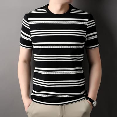 Zomer Rond Hals Nieuw Kortmouwig Mannen Losse en Volwassen Stijl Mannen Gestreept T-shirt Koreaanse Stijl Slim Trendy Top 3XL white