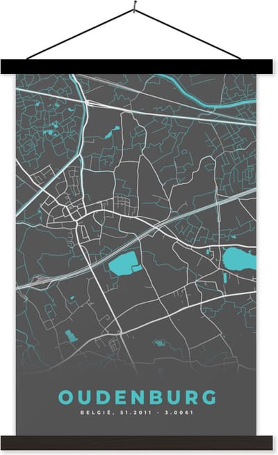 Posterhanger incl. Poster 40x60 cm - Schoolplaat - Stadskaart – Grijs - Kaart – Oudenburg – België – Plattegrond - Textielposter - Zwarte latten - Stadskaart