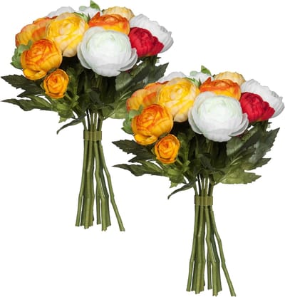 Mica Decorations Ranunculus/ranonkel boeket - 2x - oranje/rood - kunstbloemen - 22 cm - bruidsboeketten