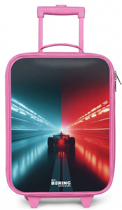 NoBoringSuitcases.com® - Kinderkoffer roze - Kindertrolley meisje - Baan - Raceauto - Neon - Rood - Koffer kind lichtgewicht - Reiskoffer trolley voor kinderen - Koffertje met lichtgevende wieltjes - Rolkoffer