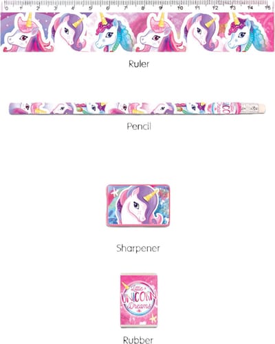 Unicorn Schrijfset - 24 Sets - Isa's Friends® Schrijfset Meisjes - Potlood, Liniaal, Gum en Puntenslijper