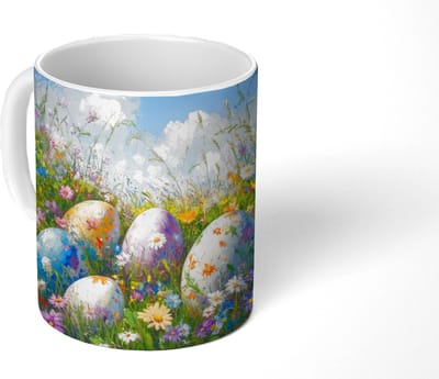 Mok - Koffiemok - Grasveld - Eieren - Bloemen - Mokken - 350 ML - Beker - Koffiemokken - Theemok