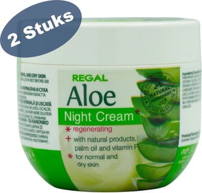 Regal Aloe Night Cream Voordeelverpakking 2 Stuks – Hydraterende Crème met Natuurlijke Aloë Vera, Palmolie en Vitamines E & F – voor Gevoelige, Normale & Droge Huid – 2 x 100ml