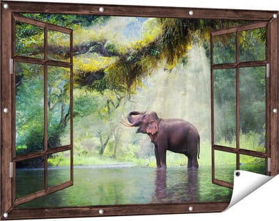 Gards Tuinposter Doorkijk Vrolijke Olifant in het Water - 120x80 cm - Tuindoek - Tuindecoratie - Wanddecoratie buiten - Tuinschilderij