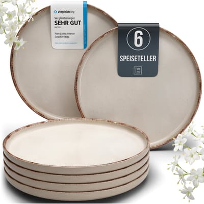 Pure Living Rustic Dinerborden - Beige - Set Van 6 (Ø 26 cm) - Massief Aardewerk - Landelijk Design - Magnetron & Vaatwasserbestendig