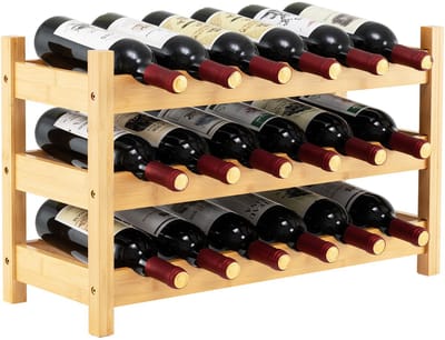 COSTWAY Wijnrek met 3 niveaus, bamboe, wijnstandaard voor 18 flessen, flessenstandaard met golfvakken, flessenrek, wijnflessenhouder, wijnhouder voor keuken, bar en wijnkelder, 62 x 24 x 38 cm