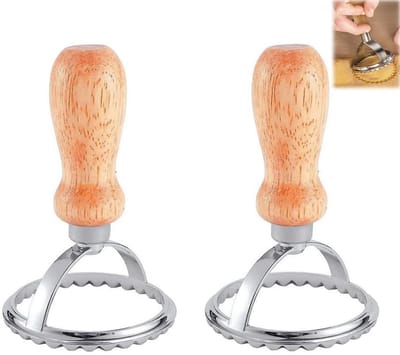 2 stuks - Kerstkoekjesvorm - Koekjespers - Ronde houten koekjesvorm - Keukenbakgereedschap - Koekjesvorm met houten handvat van roestvrij staal - Duurzaam koekjesgereedschap - Geschikt voor het bakken en zelf maken van koekjes