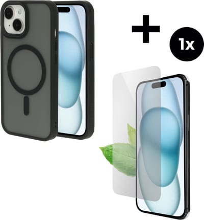 Mobiparts Hardcover MagSafe hoesje geschikt voor Apple iPhone 15 - MagSafe - met 1 Screenprotector van Gerecycled Gehard Glas - Zwart