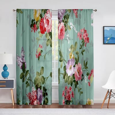 Romantische rozen bloemenprint transparante voile gordijnen voor slaapkamer woonkamer keuken decoratie tule gordijnen chiffon raamgordijnen 1 PCS W100XH250cm&Grommet Top