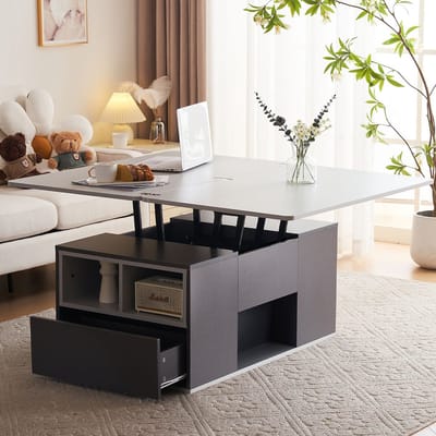 DESMIU Salontafel - In Hoogte Verstelbaar 2 In 1 Met Opbergruimte - Voor Woonkamer En Kantoor - Spaanplaat - Grijs - 100x51x47 Cm