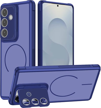 Hoesje Geschikt voor Samsung Galaxy S26 - Donker Blauw - Casemania Magnetische Matte Armor Back Cover met Camera Shield Kickstand - Telefoonhoesje Geschikt voor MagSafe met Camera Bescherming