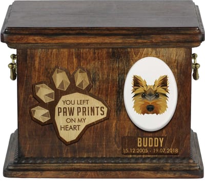 Persoonlijke urn voor Yorkshire Terrier as met gravure en gedenkdoos