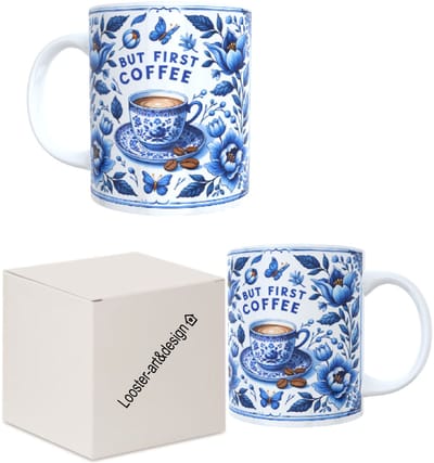 Bedrukte koffie beker - thee mok - tekst - quote - spreuk - But first coffee - blauw - bloemen