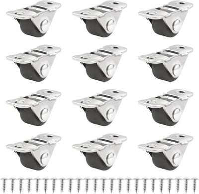 12-delige set kleine meubelwieltjes - vlakke rubberen wielen, mini vastzetwielen en stalen topplaat, geruisloze oplossing voor meubels en decoratie
