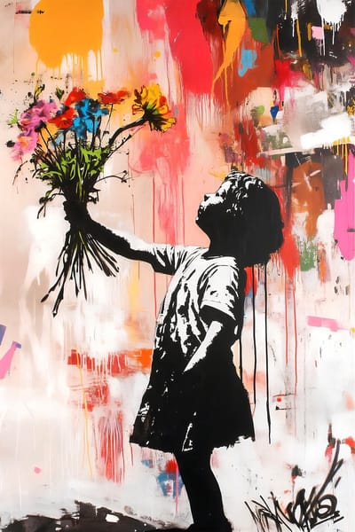 Urban Art Collection-Girl with Flowers – Banksy Inspired | Kleurrijk Kunstwerk voor Binnen & Buiten