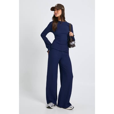 boohoo Dames Getextureerde top met lange mouwen en lettucezoom & broek co-ord | Marineblauw | Maat: 36