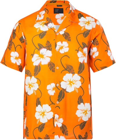 JP 1880 - Heren - overhemd korte mouwen Cubaanse kraag viscose all-over print - Oranje - Maat 3XL