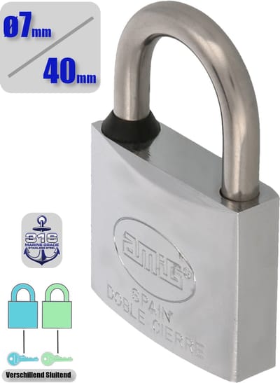 AMIG Hangslot met Sleutel RVS Ø7/40mm - Standaard Beugel Buiten Weerbestendig
