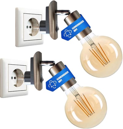 Trango Set van 2 Plug-in Lamp 11-260A incl. 1x 4 Watt 2500K Goud Warm Wit E27 LED Lamp in Nikkel mat *ANNA* Wandlamp, Leeslamp, Nachtlampje, Wandlamp, Keukenlamp, Plug Lamp