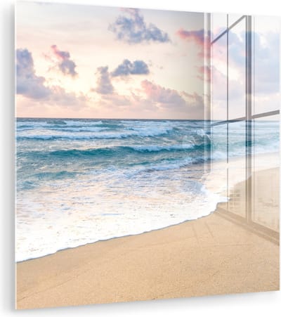 MuchoWow® Glasschilderij 90x90 cm - Schilderij acrylglas - Strand - Wolken - Pastel - Foto op glas - Muurdecoratie woonkamer - Wanddecoratie slaapkamer - Schilderijen