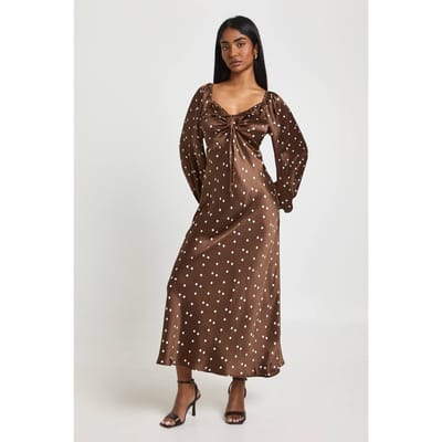 boohoo Dames Satijnen Midaxi Jurk met Stippenprint en Volumineuze Mouwen | Chocoladebruin | Maat: 36