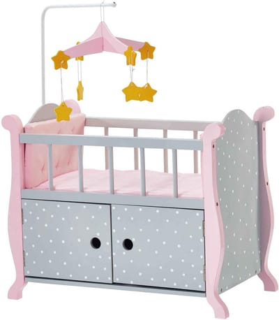 Luxe Poppenbedje met Opbergruimte en Mobiel - Grijs Roze Speelgoedmeubel