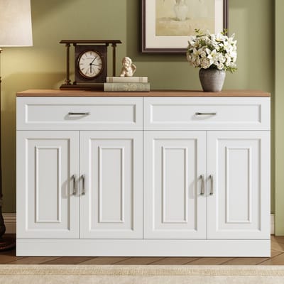 MODFU Opbergkast 120 × 35 × 80,5 cm van spaanplaat, met deuren en laden, wit en houtlook, modern ontwerp