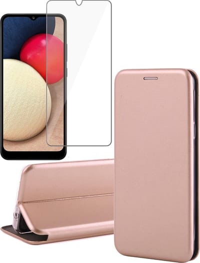 Hoesje geschikt voor Samsung A02s en Screenprotector - Book Case Kunstleer Wallet Cover Hoes Rosegoud + Screen Protector Glas