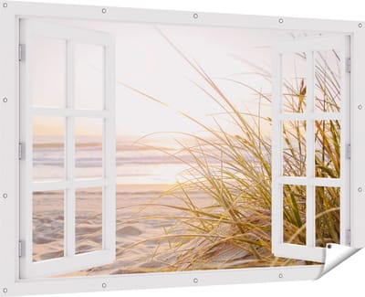 Gards Tuinposter Doorkijk Strand en Duinen tijdens Zonsondergang - 180x120 cm - Tuindoek - Tuindecoratie - Wanddecoratie buiten - Tuinschilderij