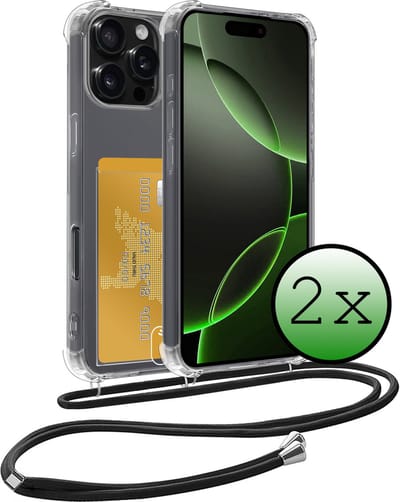 Hoes Geschikt voor iPhone 16 Pro Hoesje Pas Houder Shock Proof Case Hoes Met Koord - Hoesje Geschikt voor iPhone 16 Pro Hoes Met Telefoonkoord Pasjeshouder Cover - Transparant - 2 Stuks