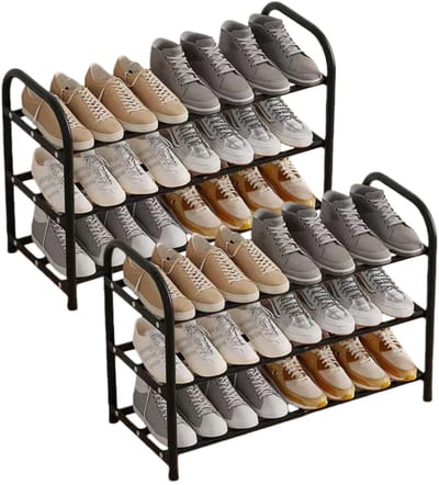 Schoenenrek Smal Uitschuifbaar Ruimtebesparend Uitbreidbaar schoenenrek 45 tot 83 cm Zwart voor hal, gang, buiten (Zwart, 2 stuks/3 verdiepingen)