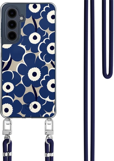 Hoesje met koord geschikt voor Samsung Galaxy A16 - Abstract bloom - Inclusief Donkerblauw koord - Crossbody beschermhoes - Transparant, Blauw - Mooie Telefoonhoesjes