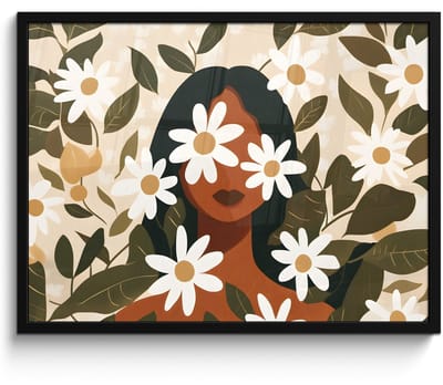 Poster in lijst - Fotolijst 80x60 cm - Posters - Illustratie - Vrouw - Madeliefjes - Wit - Posterlijst zwart - Decoratie - Wanddecoratie woonkamer - Muurdecoratie slaapkamer
