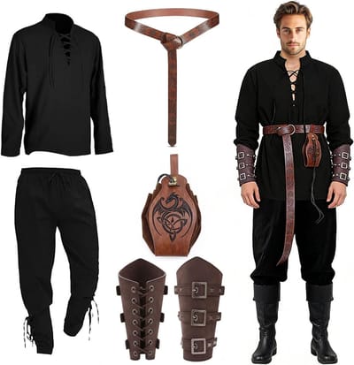 Compleet middeleeuws kostuum voor mannen, inclusief shirt, broek, riem en accessoires voor carnaval, cosplay en Halloween feestjes