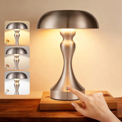 Glitzerlife - Tafellamp Draadloos Oplaadbaar LED Tafellamp - Touch Dimbaar Bedlampje Vintage Retro - 3 Lichtkleuren 3000-6500K - IJzer Design - Ø22 cm - Nikkelkleurig
