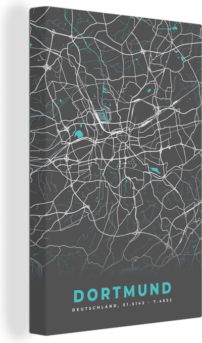 Canvas Schilderij Blauw – Duitsland – Plattegrond – Stadskaart – Kaart – Dortmund - 20x30 cm - Wanddecoratie