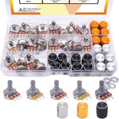 Set van 60 Lineaire Draaipotentiometers (B5K t/m 100K Ohm) met Knoppen en Montageonderdelen