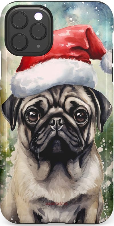 Casetastic hoesje geschikt voor Apple iPhone 11 Pro Max - Dubbellaagse bescherming - Aquarel Kerstmis Pug Hond - Fashion Case - Grijs Taupe Donkergrijs Saliegroen