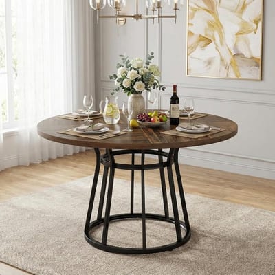 Ronde Moderne Eettafel 120 cm voor 4 Personen – Minimalistische Keukentafel in Houtlook Bruin/Zwart 120 x 120 x 75 cm