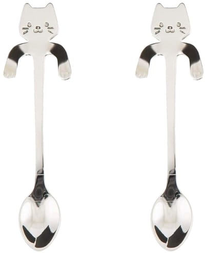 2x Theelepel / Koffielepel Hangende Kat - Zilver - 2 Stuks