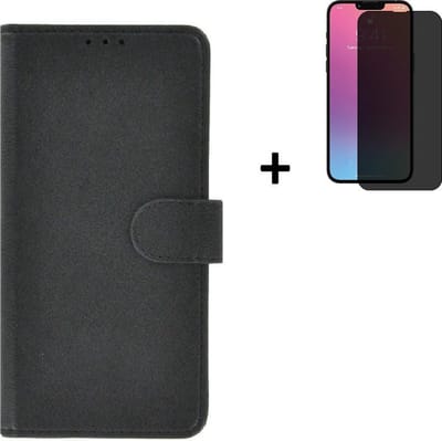 Hoesje Geschikt voor iPhone 13 Mini + Screenprotector iPhone 13 Mini - iPhone 13 Mini Hoes Wallet Bookcase Zwart + Privacy Tempered Glass