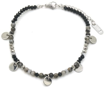 Armband Dames - Munten en Kralen - RVS - Verstelbaar 16-21 cm - Grijs en Zilverkleurig