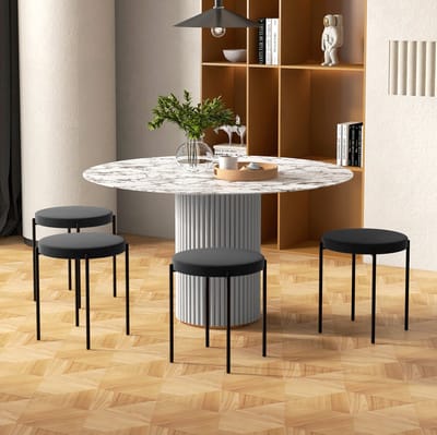 MEUNIQ set van 4 eetkamerhockers stapelbaar met gewatteerde zitting in velvetlook, zwart metalen onderstel, Ø40 cm zitting, 41,5 x 41,5 x 46 cm voor eetkamer of keuken