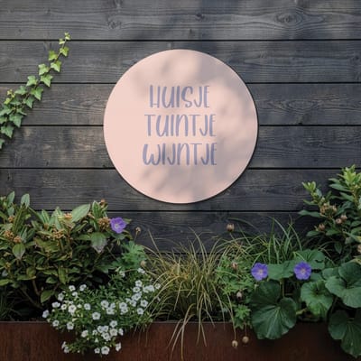 Tuincirkel Huisje Tuintje Wijntje - Roze - Wandbord - 25cm - Wanddecoratie voor Buiten - UV- en Waterbestendig
